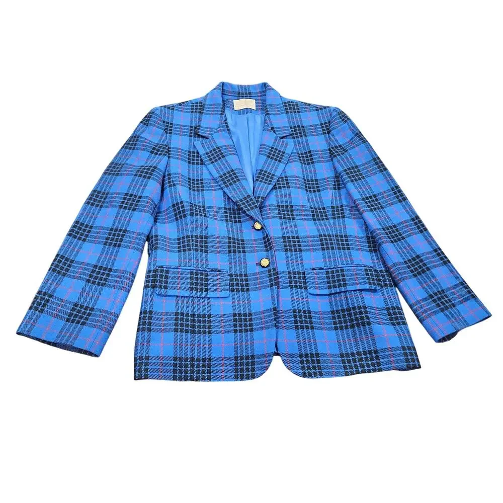 Pendleton Blue Plaid 100% Wool Blazer Gold Crest Buttons Made USA Women’s 14 - Picture 1 of 8